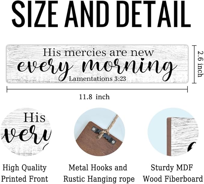 AGMDESIGN His Mercies Are New Every Morning Bible Verse Wood Sign, Christian Wall Art Decor for Shelf Desk Door, Wooden Hanging Plaque for Home Bedrrom Church Farmhouse, Christians' Gifts for Baptism