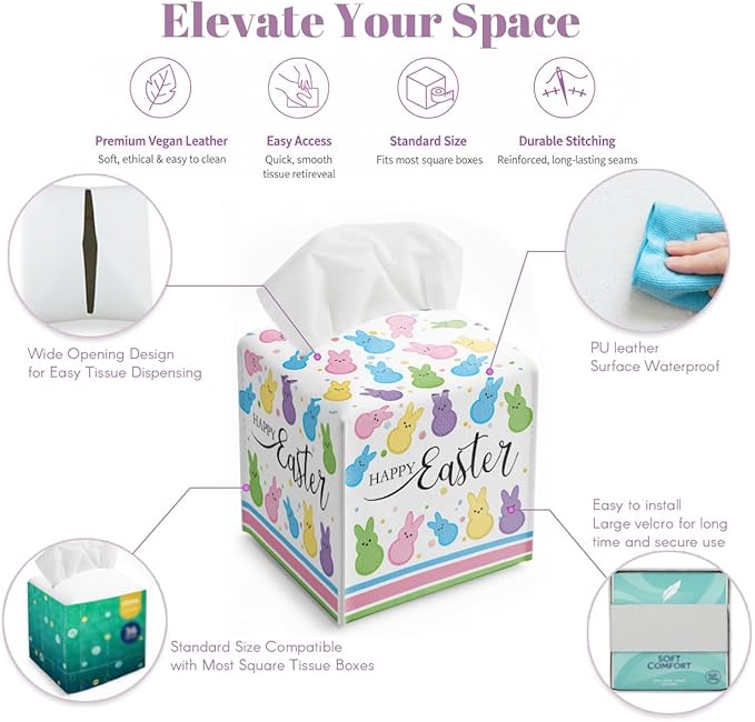 Easter Day Napkin Tissue Box Cover, Colorful Bunny Waterproof Leather Paper Organizer Dispenser for Table Dining, Bathroom, Nightstand Vanity, Car, Housewarming Gift Ideas, N