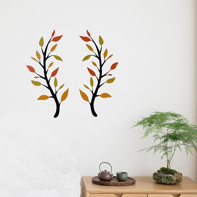 Yuzhuo 2 Pieces Metal Tree Leaf Wall Décor Branch Leaf Wall Art for Indoor Outdoor Garden Home Bedroom Living Room Decorations Iron Scroll Sculptures Above the Bed(Yellow Orange, S)