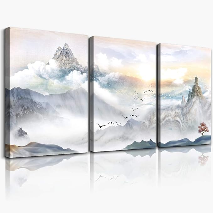 Mountain Landscape Abstract Painting Canvas Wall Art For Living Room Bathroom Wall Decor For Bedroom Kitchen Artwork Canvas Prints 3 Pieces Modern Framed Office Home Decorations Watercolor Picture