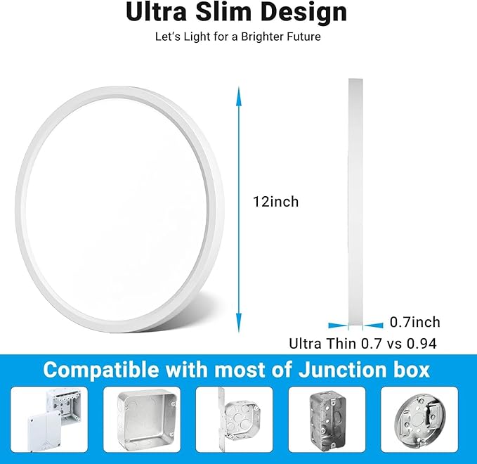 6 Pack LED Flush Mount Ceiling Light,12Inch 24W,3000K/3500K/4000K/5000K/6500K 5 Color Temperatures Ceiling Light Fixture for Kitchen Porch Hallway Bedroom Bathroom,White