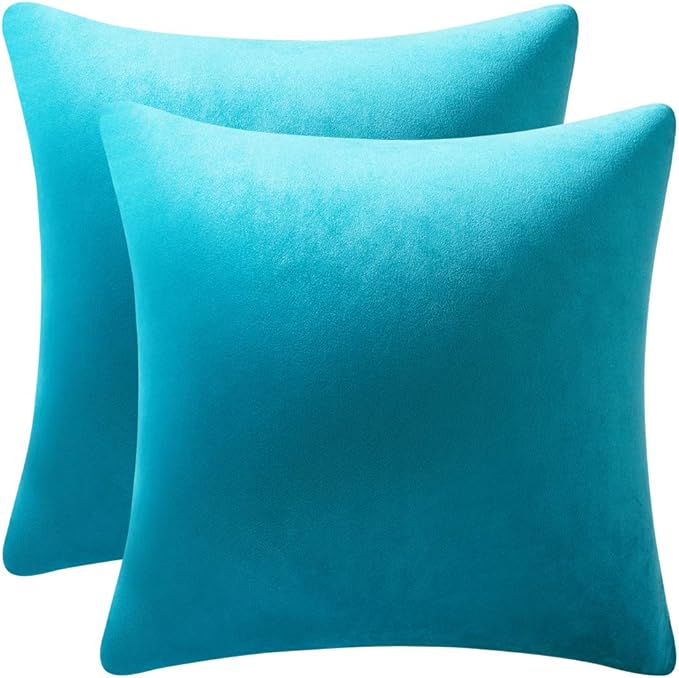 DEZENE Throw Pillow Covers 22x22 Turquoise: Pack of 2 Cozy Soft Velvet Square Modern Luxury Decorative Throw Pillow Cases for Sofa Couch Living Room Bed Home Decor