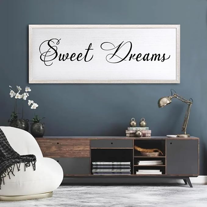 Sweet Dreams Wall Decor Above Bed 40x15 Inch Large Master Bedroom Hanging Wood Rustic Framed Farmhouse Sweet Dreams Sign Guest Room Aesthetic And Minimalist Over Bed Wall Art（White）
