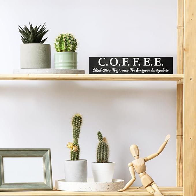 AGMDESIGN Kitchen Cafe Coffee Bar Pub Signs Decor for Wall, Christ Offers Forgiveness for Everyone Everywhere Wooden Sign, Religious Coffee Lover Gifts for Friends, Rustic Cafe Wooden Hanging Plaque