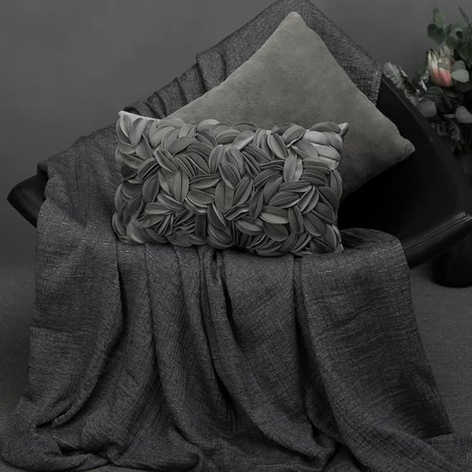 KINGROSE Handmade 3D Flower Accent Pillow Cover Decorative Throw Pillow Case Solid Soft Cushion Covers Velvet 12 x 20 Inches Grey
