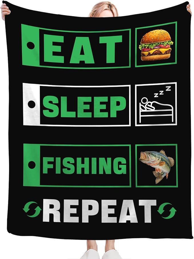 Fishing Blanket for Girls Women Boys Men Adults Kids Soft Cozy Fleece Eat Sleep Fish Hamburger Throw Blankets Fisherman Gifts Warm Flannel Plush Lightweight Decor for Couch Bed Sofa 50"X40"