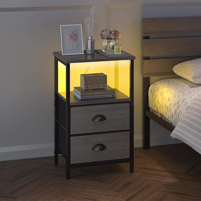 Nightstand with Charging Station, LED Night Stand Set of 2, Bedside Table End Table with Drawer, Bedroom Tables with 2 Fabric Drawers, 3-Tier Storage Side Table for Bedroom,Grey