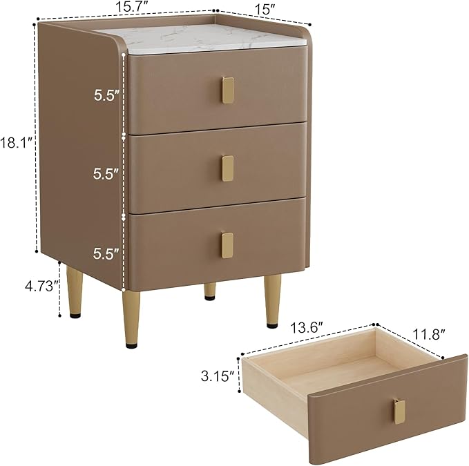 AQIMUELE Narrow Nightstand with Drawers, Narrow Side Table Leather, Small Bedside Tables for Bedroom. (Beige)