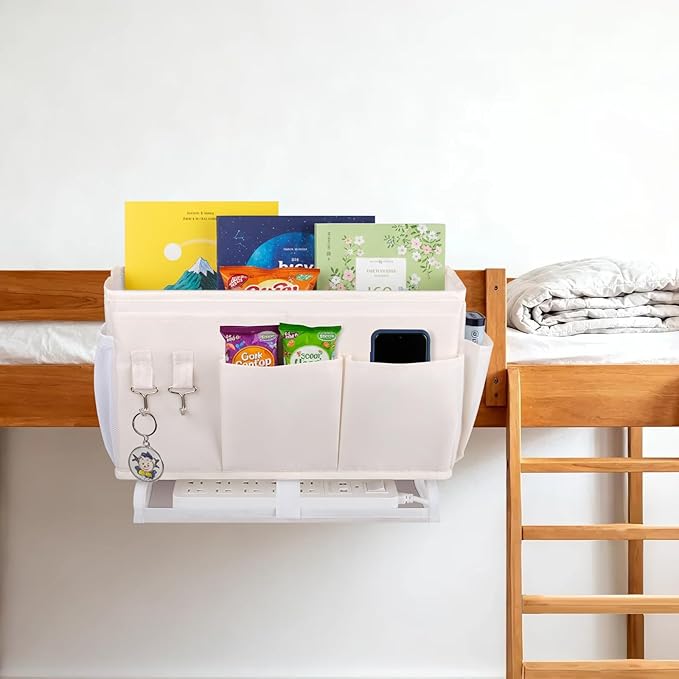 Bedside Caddy for Dorm Bed Bedside Organizer, Bedside Storage with 10 Pockets and Power Strip Holder, Multifunctional Bedside Pocket for Home, College, Dorm, Bunk/Hospital/Crib Bed (Beige)