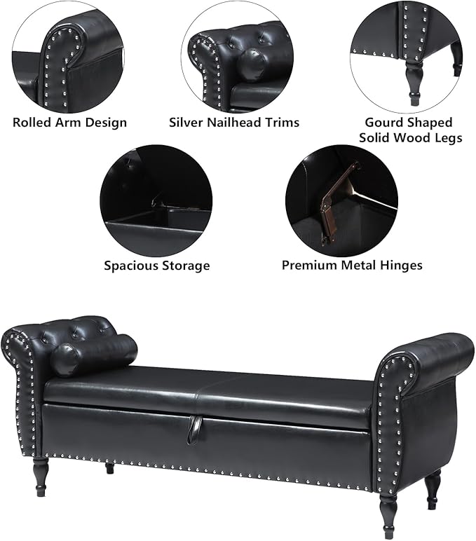Aoowow Storage Bench for Bedroom End of Bed Rolled Armed PU Leather Ottoman Long Bench Seat Window Sitting Fireplace Toy Storage Bench, Black