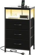 DUMOS Nightstand with Charging Station, Bedside End Table with 3 Fabric Drawers & USB/Type-C Ports and Outlets, Night Stand for Bedroom Furniture, Adjustable Feet and Variable Light Strip, Black