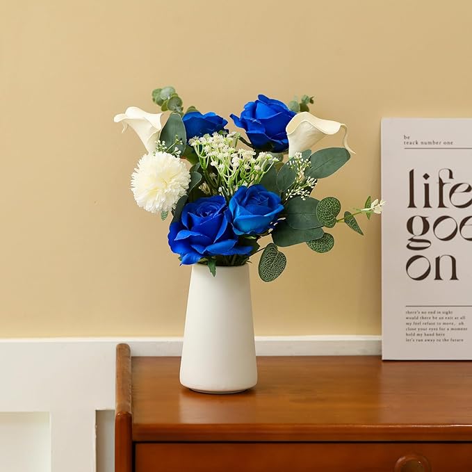 Fake Flowers with a Ceramic Vase for Centerpiece Table Decorations, Faux Blue Silk Rose in Vase, Flowers Arrangements Artificial Flowers Indoor for Dinning Coffee Table Home Decor(Blue White)