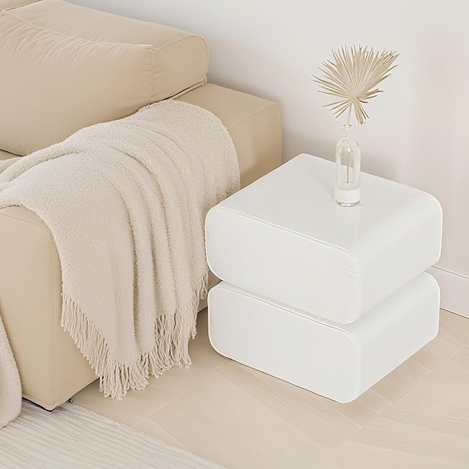 Modern Nightstand with Storage, Small End Table with Upholstered Leather Finish, 2 Solid Wood Drawers for Bedroom Bedside Couch