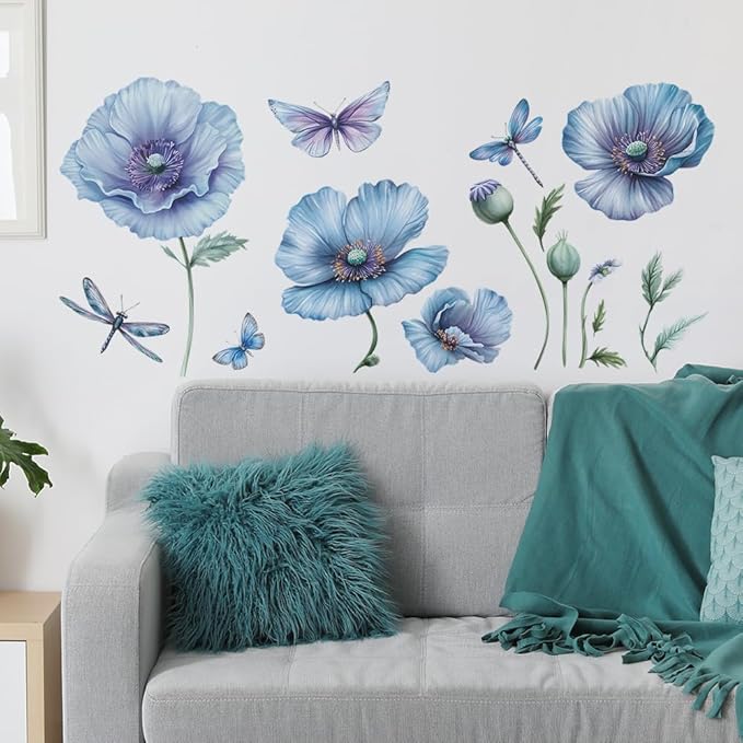 3D Wall Stickers DIY Flower Wall Decal Removable Waterproof Wall Art Decor for Bedroom Living Room Offices Home Decoration (Blue Corn Poppy)
