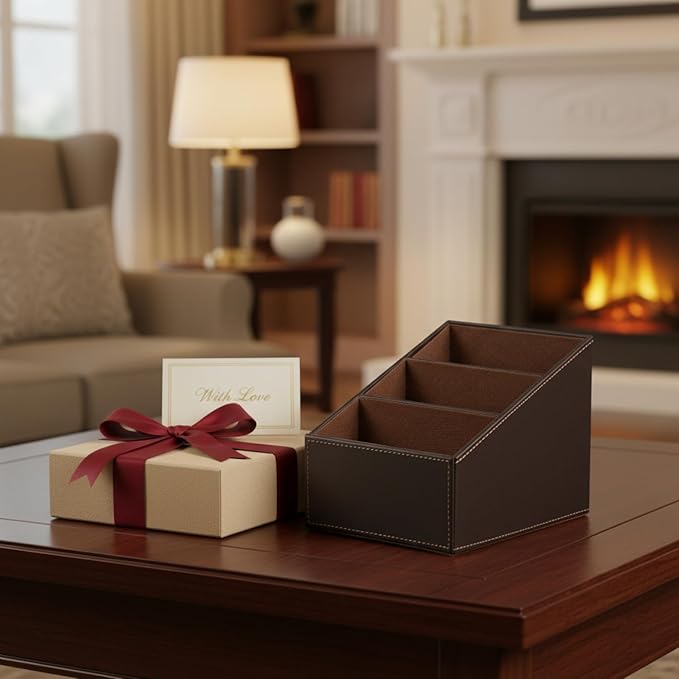 I-MART PU Leather Remote Control Holder Organizer with 3 Compartments, Stylish TV Remote Holder Caddy for Desk Nightstand Coffee Table and Media Accessory Storage (Brown)