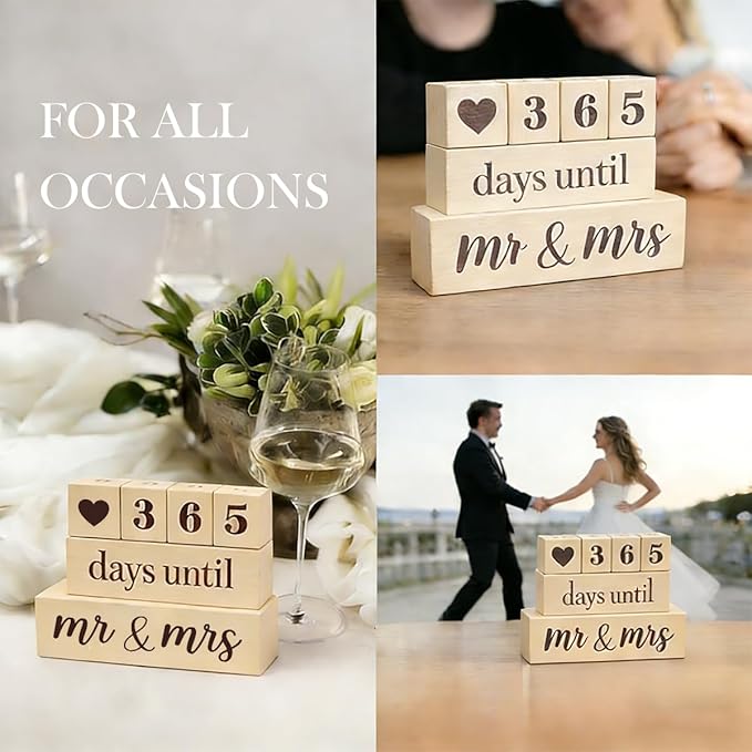6 Pcs Wooden Engagement Gifts for Couples Wood Engagement Party Decorations Block Wedding Day Countdown Calendar Fiance Gifts for Women Future Mr Mrs Newly Engaged Couples, Khaki