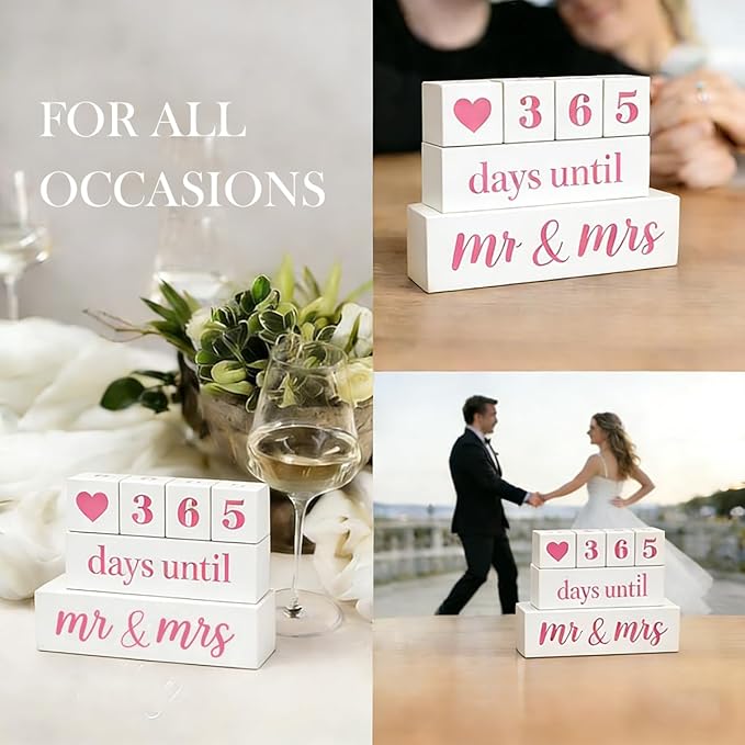 6 Pcs Wooden Engagement Gifts for Couples Wood Engagement Party Decorations Block Wedding Day Countdown Calendar Fiance Gifts for Women Future Mr Mrs Newly Engaged Couples, White