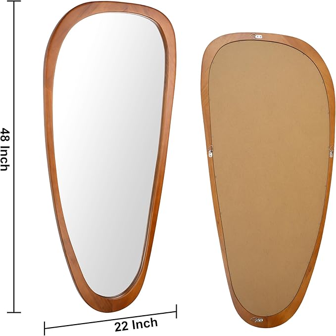 Ruomeng Full Length Irregular Wall Mirror, 48 x 22 Inch Wooden Mirror, Boho Large Decorative Asymmetrical Mirror for Bathroom, Living Room, Bedroom, Entryway, Farmhouse, Tempered Glass, Shatterproof
