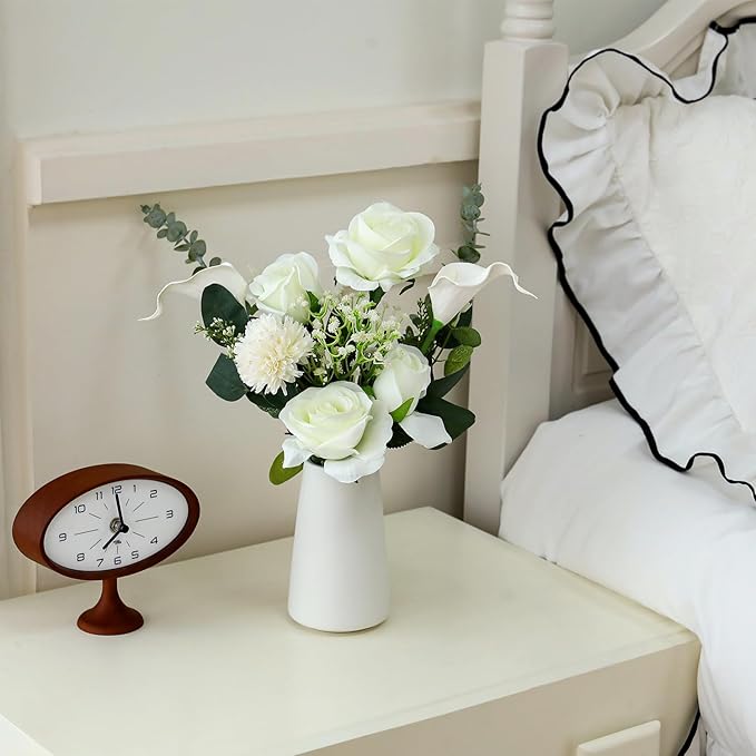 Fake Flowers with Ceramic Vase, Artificial Silk Roses in a Vase, Faux Flowers Plants Arrangements for Centerpiece Table Decorations, Living Room Bathroom Dining Table Home Décor(White)