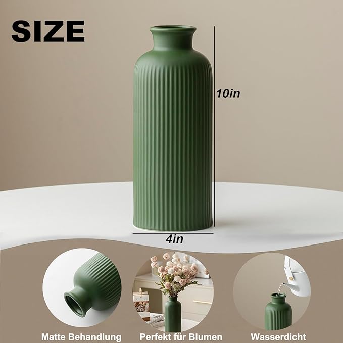 Green Ribbed Ceramic Vase for Flowers, Modern Textured Decorative Vase, 10 Inch Tall, 4 Inch Width, Farmhouse Style Home Decor (Matte Glaze Green)
