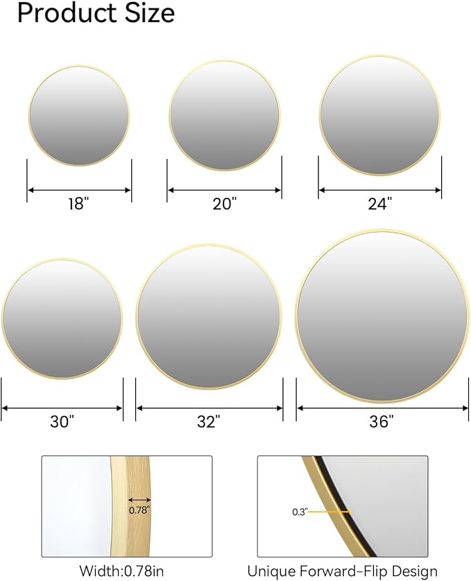 24 Inch Round Mirror, Gold Circle Mirror for Bathroom, HD Eco-Friendly Round Bathroom Mirror for Over Sink, Small Matte Gold Metal Framed Wall Mirror for Wall, Vanity, Entryway, Easy to Install
