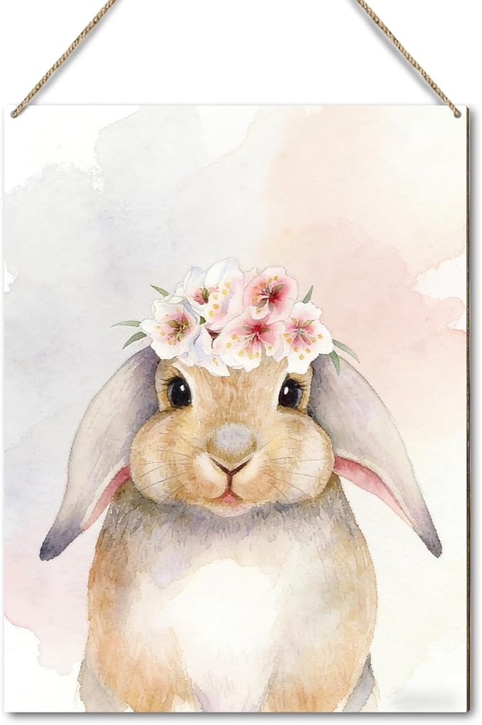 Easter Bunny Sign, Spring Floral Bunny Wooden Hanging Wall Decor, Easter Gifts for Friends Family, Cute Wood Sign for Door Wall Decorations, House Wood Hanging for Garden Yard -04