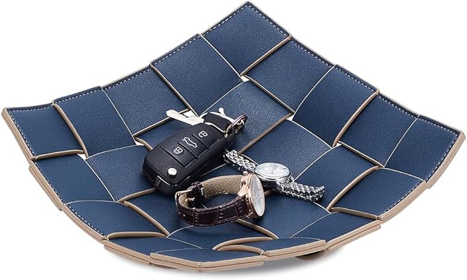 Beebeecraft PU Leather Key Holder Bowl Square Double-Sided Storage Tray for Entryway Table Bedside Nightstand Desk Catchall Organizer Tray (Blue, Brown