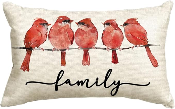 AVOIN colorlife Home Sweet Home Redbird Family Watercolor Throw Pillow Cover, 12 x 20 Inch Red Northern Cardinal Cushion Case Decoration for Sofa Couch