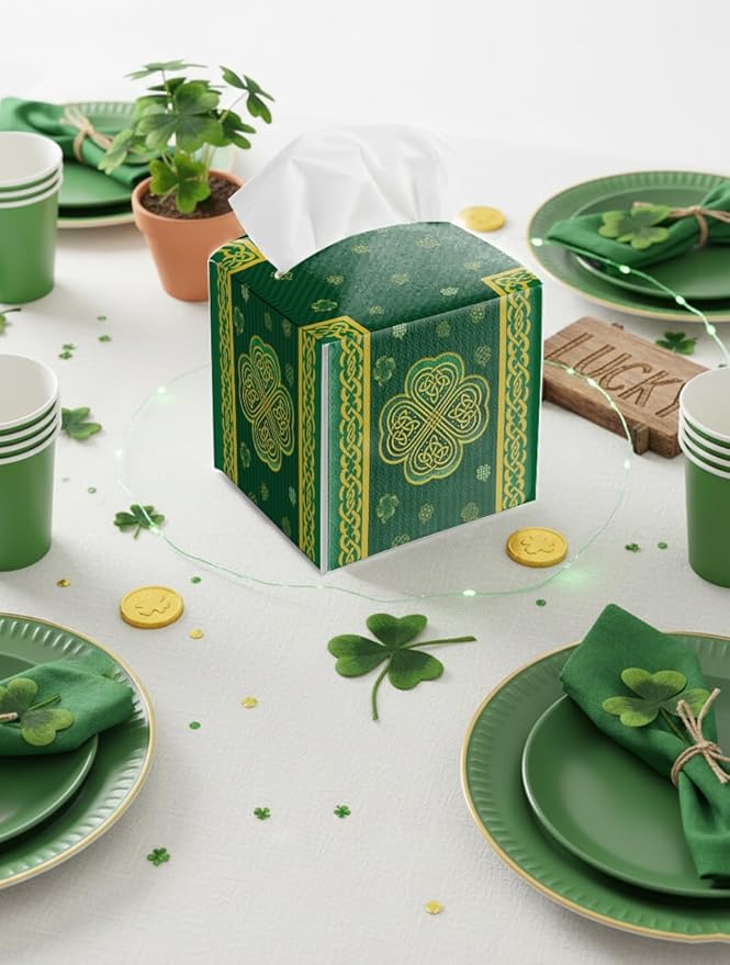 St.Patrick's Day Napkin Tissue Box Cover, Green Stripes Shamrock Waterproof Leather Paper Organizer Dispenser for Table Dining, Bathroom, Nightstand Vanity, Car, Housewarming Gift Ideas, F