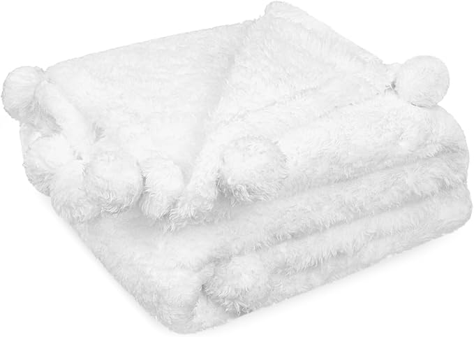 Pavilia Sherpa Throw Blanket - Warm Plush Fuzzy Pom Pom Blanket for Couch, Soft Cozy Fluffy, White, 50x60