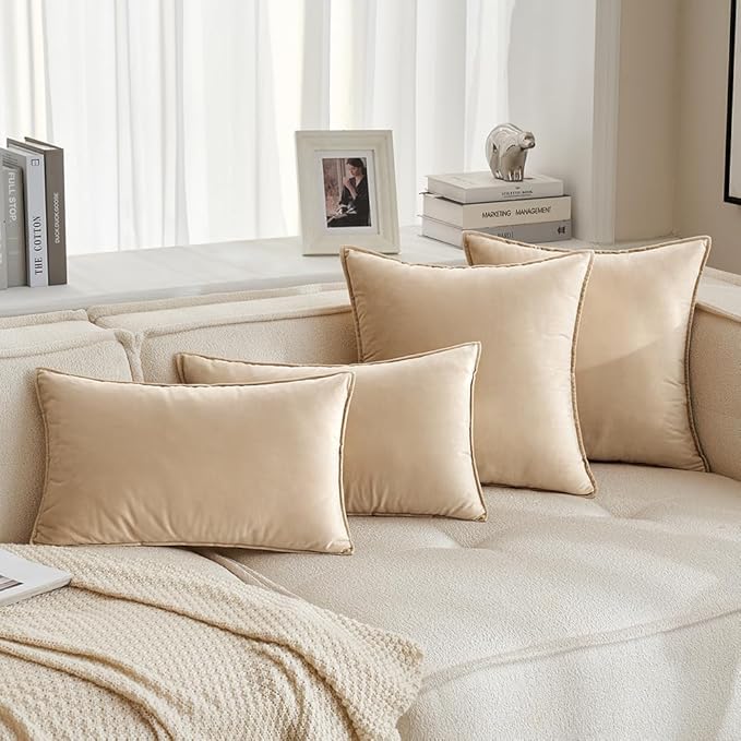 MIULEE Summer Beige Velvet Throw Pillow Covers 18x18 Soft Decorative Solid Square Cushion Cases Pack of 2 Modern Luxury Home Decor for Couch, Sofa, Bedroom