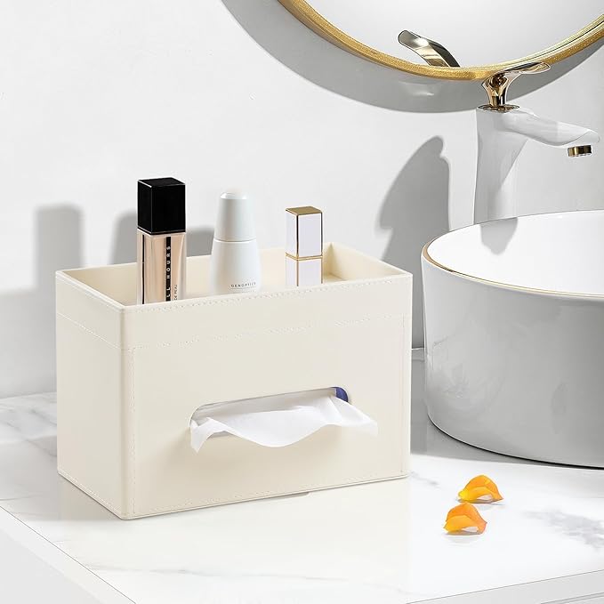 Plus Size Tissue Box Cover Rectangle, PU Leather Tissue Box Holder with Storage Tray, Decorative Organizer Tissue Holder for Bathroom, Bedroom Dresser, Night Stand, Office (Beige)