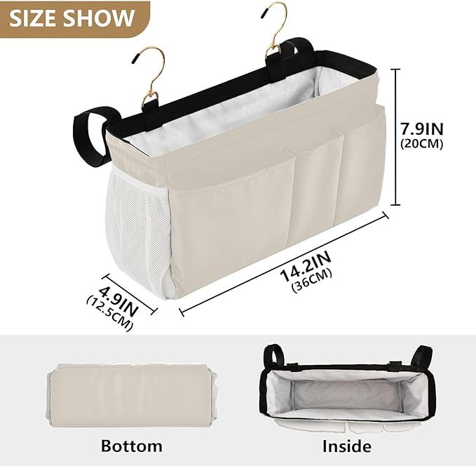 DOMIKING Beige Bedside Caddy for Dorm Bed Recliner Armrest Organizer with Hooks Haning Holders for Phone Magazine Tablet