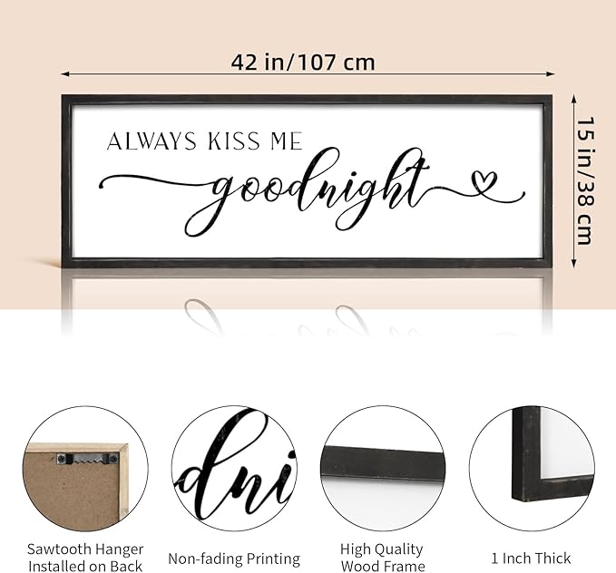 Always Kiss Me Goodnight Wall Sign 42''×15'' Large Above Bed Wall Decor Bedroom Sign Bedroom Decor with Solid Wood Framed, Couples Love Theme Wall Decor (Black)