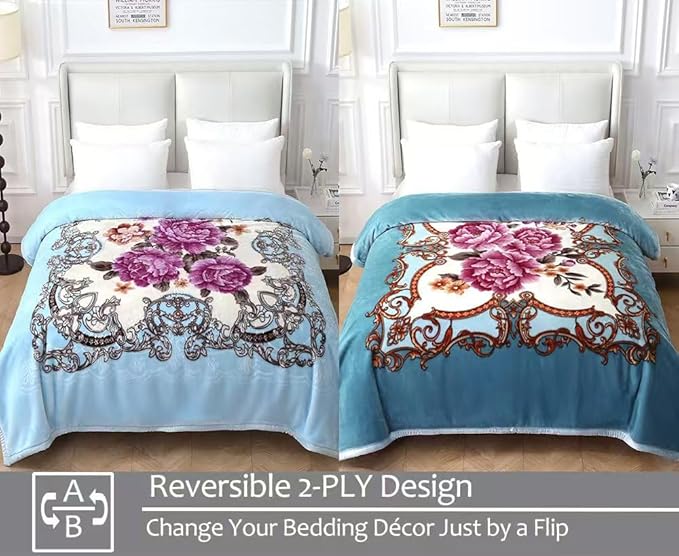 JYK Korean Style Mink Fleece Blanket Queen Size 75" x 87", 5 Pounds - 2 Ply Reversible Silky Soft Plush Warm, Comfy Blanket for Spring Autumn, Winter as Home Decor - Blue/Purple Peony