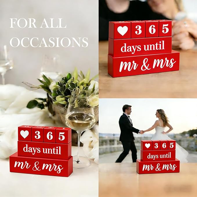 6 Pcs Wooden Engagement Gifts for Couples Wood Engagement Party Decorations Block Wedding Day Countdown Calendar Fiance Gifts for Women Future Mr Mrs Newly Engaged Couples, Red