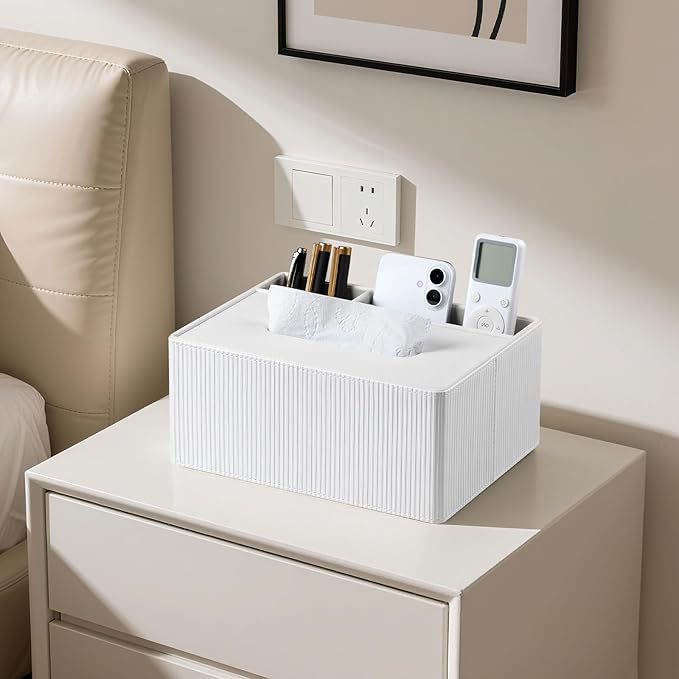 Tissue Box Cover Rectangle with 2 Compartments Remote Holder, PU Leather Tissue Box Holder Rectangle for Livingroom NightStand, Tissue Holder for 120(3-Ply)/160(2-Ply) Tissue Box (Ivory)