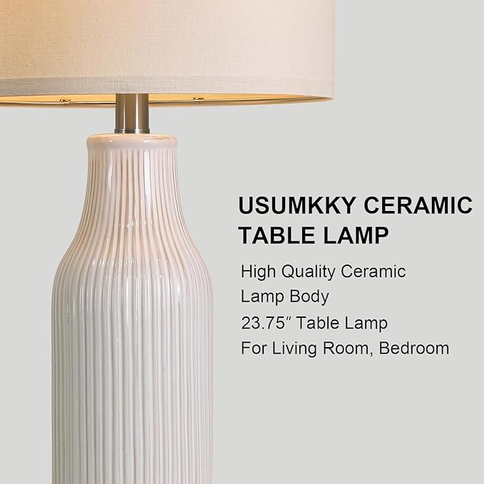 23.75 inches Modern Ceramic Table Lamp Set of 2 for Living Room, Farmhouse Bedside Nightstand Lamp for Bedroom Home Office Dorm