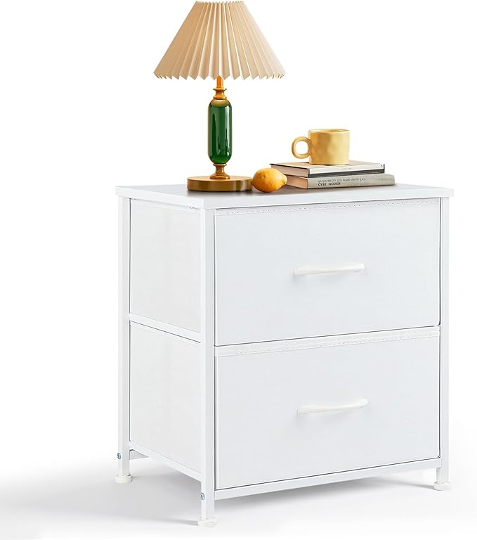 Nightstand Set of 2, Small 2 Drawer Dresser End Table Bedside Furniture, Wooden Top Fabric Bins for Bedroom, Closet, Entryway, Dorm, 11.8" D x 18" W x 20", White
