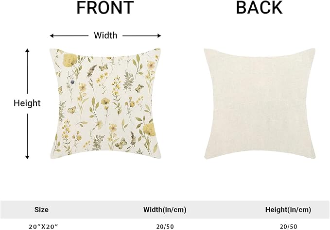 Spring Pillow Covers 20x20 Inch Set of 2, Mustard Yellow Green Wild Flower Throw Pillows Case,Colorful Seasonal Floral Plant Outdoor Decorative Farmhouse Decor Cushion Covers for Sofa Bed Couch