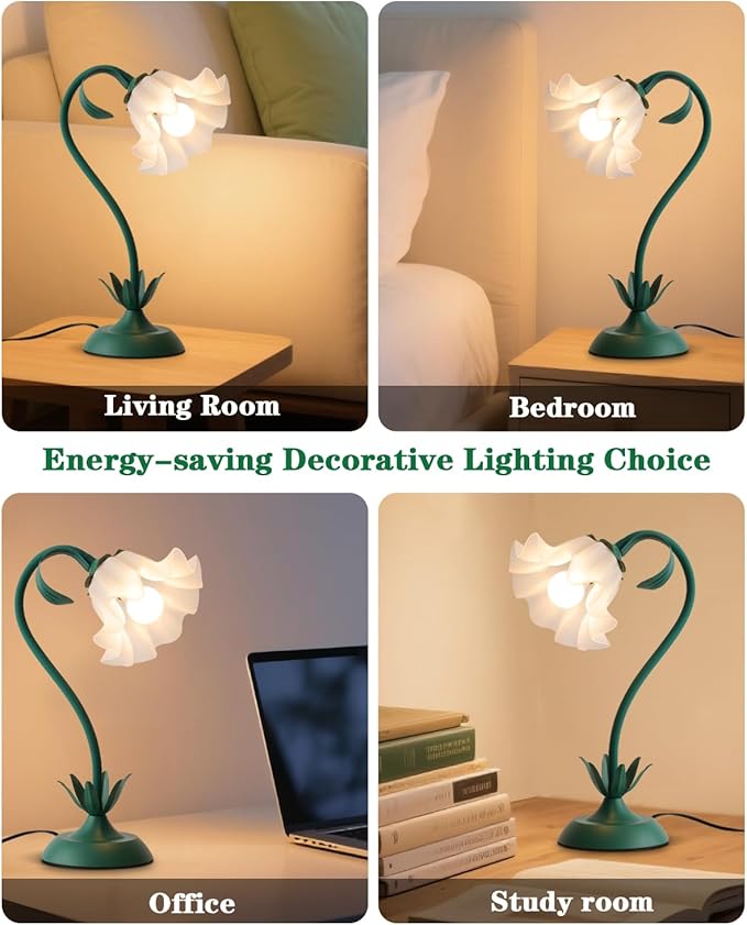 Flower Table Lamp, Cute LED Reading Bedside Night Light, 3 Color Modes Vintage Desk Lamp, Kawaii Aesthetic Decor for Dorm Bedroom Living Room (Dark Green)