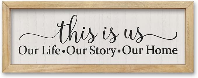 comurdyo Minimalist Family Quote This Is Us Sign Wall Art 16×6 Inch Our Life Story Home Plaque for Entryway Bedroom Home office Small Vintage Framed Rustic Wooden Hanging Wall Decor (Wood)