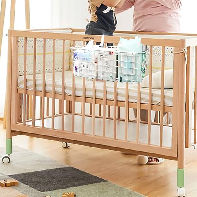 2 Pack Bedside Hanging Wire Basket for Storage Bedside Caddy Hanging Organizer Bunk Bed Shelf Holder Pocket for College Dorm Room Baby Bed Rails (White/Large)