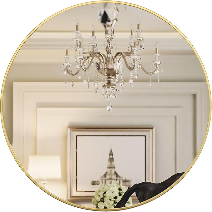 Growsun 48 inch Large Gold Round Mirror, Bathroom Mirror for Wall, Metal Frame Round Mirror for Fireplace Living Room Wall Decor