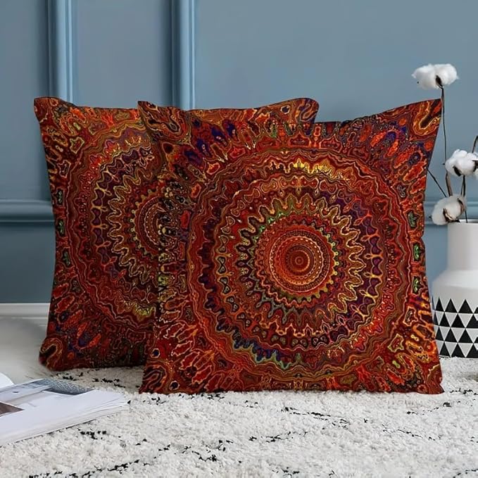 Decorative Linen Throw Pillow Covers, Mandala Pattern, Set of 2 18x18 pillows Red Fantasy Golden Mandala Bohemian Style Modern Decorative Square Pillowcases for Sofa Couch Bedroom Living Room Car