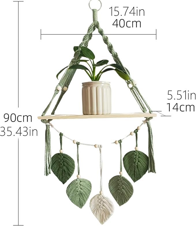 Boho Floating Shelves for Wall Decor with Macrame Leaf - No Drilling Wooden Wall Shelves, Natural Finish - Decorative Storage Shelf for Bedroom, Living Room (Green)