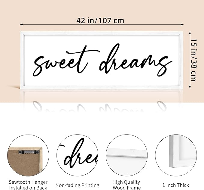 Sweet Dreams Wall Decor Above Bed 42''×15'' Large Bedroom Sign Farmhouse Wood Framed Master Bedroom Guest Room Decoration (White)