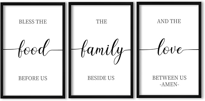 flowtorely Bless the Food Before Us Sign Wall Decor 16"×11" Set of 3 for Dining Room Kitchen Rustic Wood Framed Wall Hanging Art (Black)