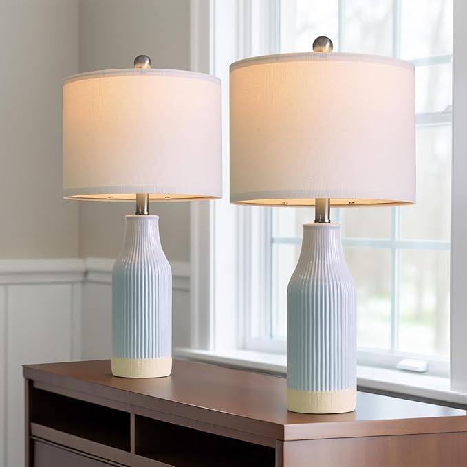 23.75inch Light Blue Modern Ceramic Bedside Lamp Set of 2 with 5FT Cord for Bedroom Decor Farmhouse Table Lamp for Living Room Office Dorm