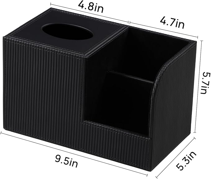 Square Tissue Box Cover with 2 Compartments Storage Organizer, PU Leather Tissue Box Holder with Remote Control Holder for Livingroom Nightstand, Multifunctional Cube Tissue Holder (Black)